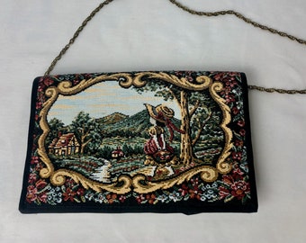 vintage 1960s 1970s purse // 60s 70s tapestry bag embroidered farm scene floral frame needlepoint