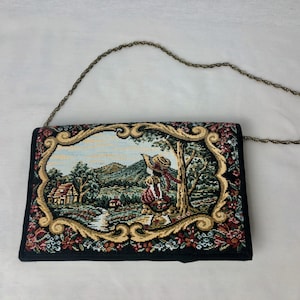 vintage 1960s 1970s purse // 60s 70s tapestry bag embroidered farm scene floral frame needlepoint