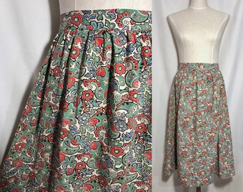 vintage 1940s skirt // size small // 40s cotton paisley midi a-line red blue green print