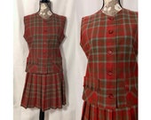 vintage 1950s skirt set size small 50s red green plaid shell top pleated school girl separates pockets wool autumn winter holiday