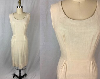 vintage 1960s dress // size small // 60s light brown nude linen sheath dress