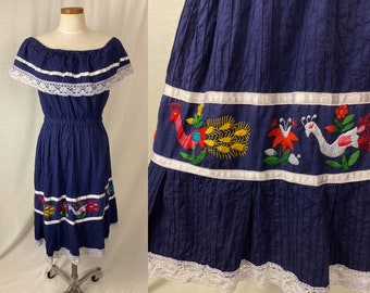 vintage 1970s dress // size large // 70s navy blue mexican style off the shoulder bird embroidered folk dress lace trim