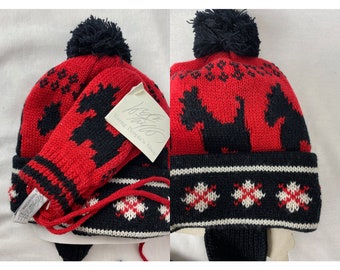vintage kids hat and mitten set // red black knit scottie dog holiday gift winter outdoors new old stock with tags