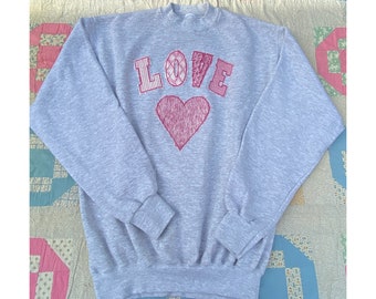 vintage 1990s sweatshirt // size large - extra large // 90s heather grey pullover pink love heart graphic