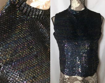 vintage 1950s 1960s top // size medium // 50s 60s tank top black iridescent mermaid sequin mock neck knit party evening shell new years eve