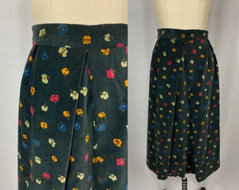 vintage 1970s skirt // size small // 70s forrest grean velour floral print pleated midi skirt