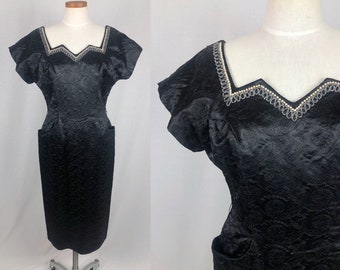 vintage 1950s dress // size large // 50s black satin embroidered wiggle dress beaded pearl notched neckline LBD