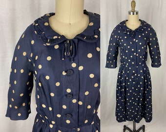 vintage 1950s dress // size medium // 1950s navy blue polka dot silk shirtdress peter pan collar