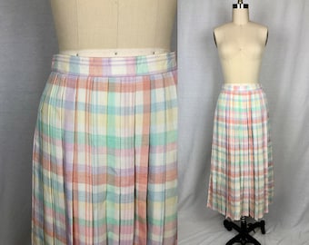 vintage 1980s deadstock skirt // size // 80s pastel pink green white plaid pleated midi skirt new old stock with tags school girl