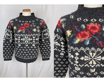 vintage 1980s sweater // size extra large // 80s grey fair isle rose floral print hand knit pullover wool jumper