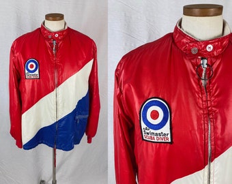 vintage 1970s jacket // size extra large // 70s red white blue nylon amf swimaster scuba diver lined zip up swingster coat