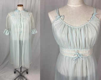 vintage 1960s peignoir // size medium // 60s blue sheer nightgown robe dressing gown sleepwear set