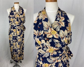 vintage 1990s dress // size medium - large // 90s silk blue yellow beige floral print wrap dress