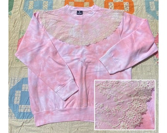 upcycled sweatshirt // // size large - extra large // pink tie dye pullover vintage antique lace collar