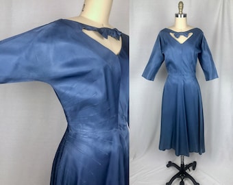 vintage 1950s dress // size small // 50s blue sateen taffeta party cocktail full skirt dolman sleeve darts bow cutout neckline cinderella