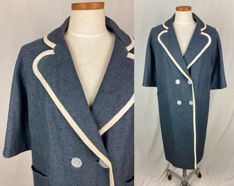 vintage 1960s coat // size large // 60s blue tweed white trim double breasted jacket bergdorf goodman mrs. maisel style