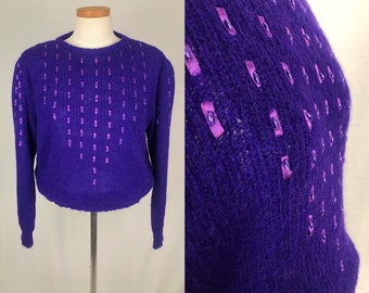 vintage 1980s sweater // size extra large // 80s purple knit pullover beaded ribbon puff sleeves