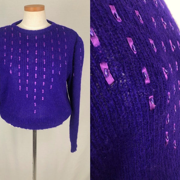 pull vintage des années 1980 // taille extra large // manches en tricot violet des années 80