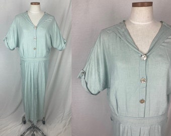 vintage 1980s dress // size large - extra large // 80s light blue linen blend angelheart drop waist dress