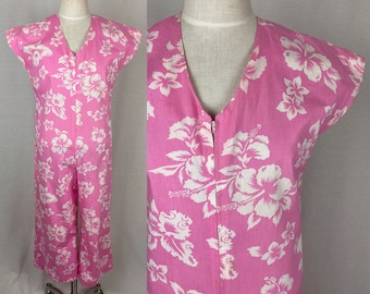 vintage 1960s jumpsuit // size large // 60s pink white tropical floral hawaiian print cotton one piece