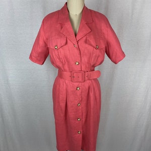 vintage 1980s dress // size small // 80s pink linen shirt dress safari style matching belt brooks brothers image 2