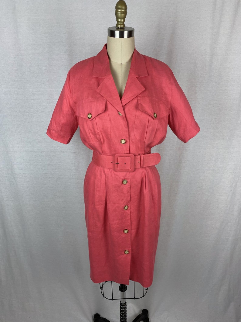 vintage 1980s dress // size small // 80s pink linen shirt dress safari style matching belt brooks brothers image 2