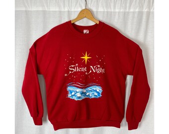 vintage 1990s sweatshirt // size extra large // 90s red christmas snowy village north star silent night pullover