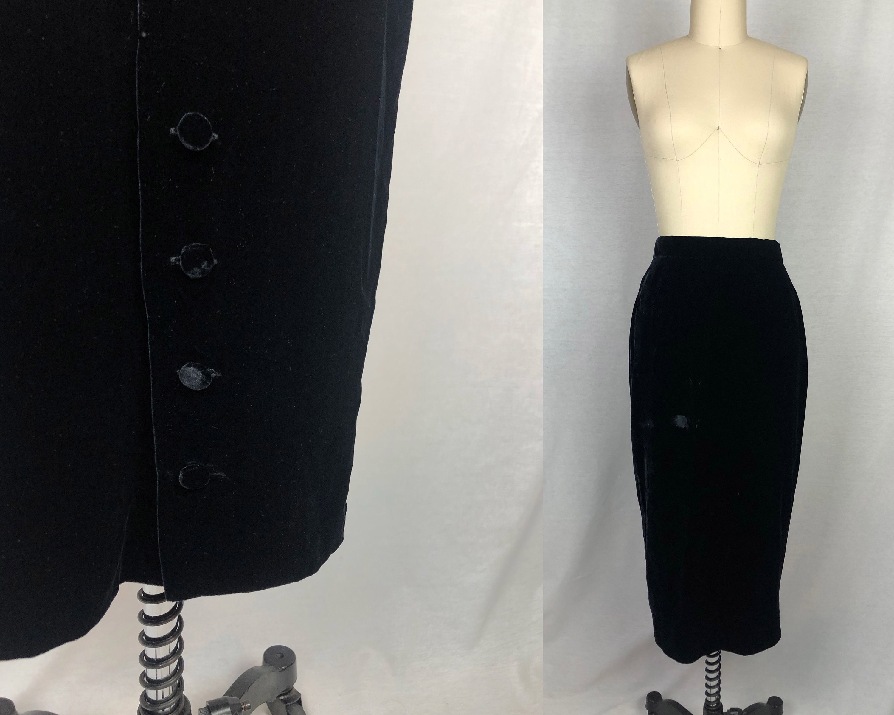 vintage 1980s 1990s skirts // size small - medium // 80s 90s black silk velvet fitted pencil skirt italian made