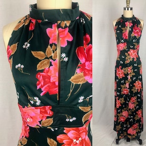 vintage 1970s dress // size small - medium // 70s maxi dress green pink floral print mock neck empire waist keyhole front back cutout