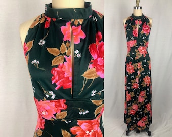 vintage 1970s dress // size small - medium // 70s maxi dress green pink floral print mock neck empire waist keyhole front back cutout