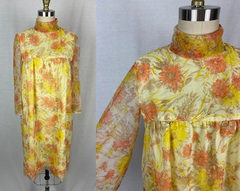 vintage 1960s dress // size medium // 60s yellow orange floral sheer chiffon babydoll dress mod style mock neck