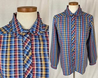 vintage 1970s top // size extra large // 70s blue red yellow plaid ruffle peter pan collar secretary blouse