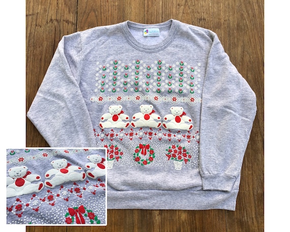vintage 1980s sweatshirt // size extra large // 80s christmas pullover heather grey cotton holiday teddy bear wreaths winter festive sweater