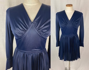 vintage 1970s dress // size small - medium // 70s navy blue ascending point bodice yoke accordion pleat mini dress