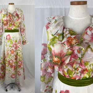 vintage 1970s dress // size medium // 70s ruffle chiffon white pink green floral pint maxi dress