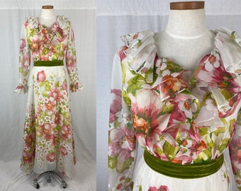 vintage 1970s dress // size medium // 70s ruffle chiffon white pink green floral pint maxi dress