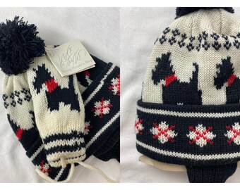 vintage kids hat and mitten set // white knit scottie dog holiday gift winter outdoors new old stock with tags