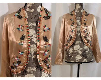 vintage 1940s jacket // size small medium // 40s pastel peach pink silk floral beaded trim bolero shrug