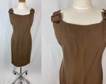 vintage 1960s dress // size medium // 60s brown sheath buckle strap dress