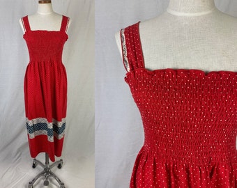 vintage 1970s dress // size medium - large // 70s maxi length shirred red white blue polka dot summer dress