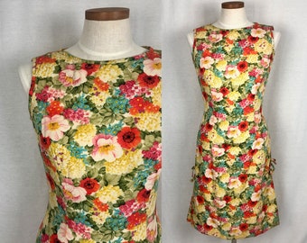 vintage 1960s dress // size small - medium // 60s multi color floral bow midi length midcentury cotton flower print