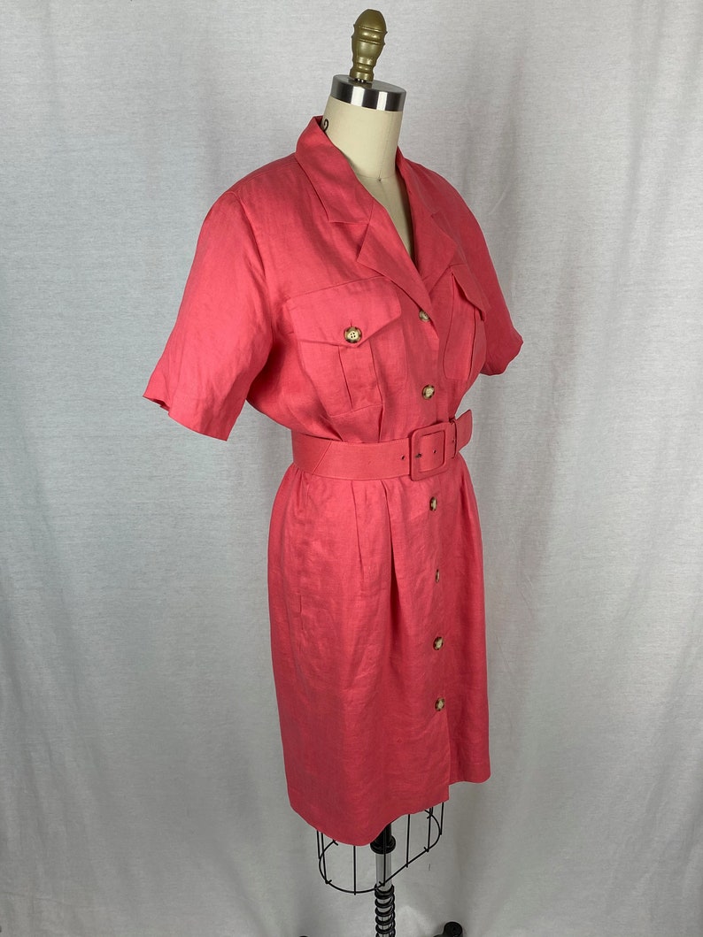vintage 1980s dress // size small // 80s pink linen shirt dress safari style matching belt brooks brothers image 3