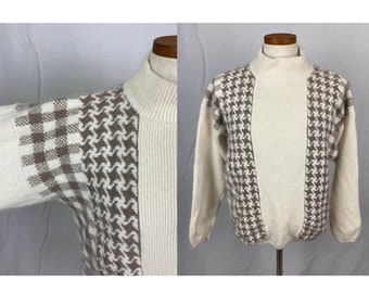 vintage 1980s sweater // size large // 80s cream plaid check houndstooth angora blend mockneck pullover jumper