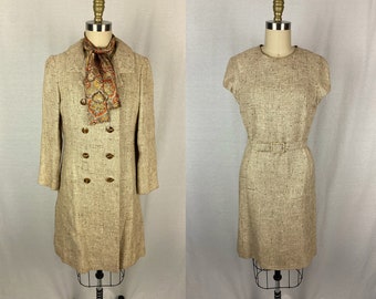 vintage 1960s coat & dress matching set // size medium // 60s brown beige tweed orange paisley lined double breasted jacket sheath dress