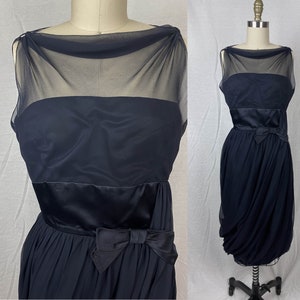 vintage 1950s dress // size // 50s black sheer chiffon satin bow bubble hem dress ballerina core