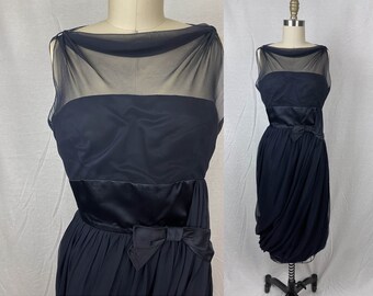 vintage 1950s dress // size // 50s black sheer chiffon satin bow bubble hem dress ballerina core