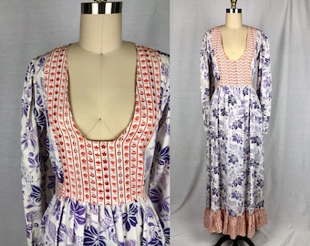 vintage 1970s dress // size medium // 70s boho prairie frock purple orange white floral mixed print hippie maxi length