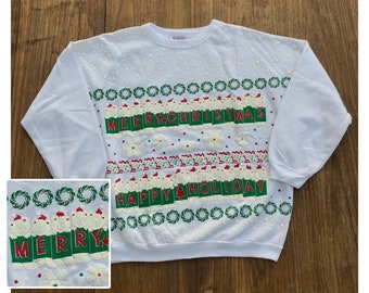 vintage 1980s sweatshirt // size extra large // 80s christmas pullover white red green happy holidays merry xmas teddy bears  snowy wreath