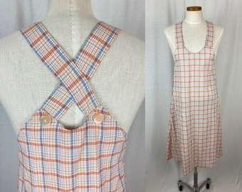 vintage 1930s apron dress // size medium // 30s pink blue white plaid cotton crossover pinafore