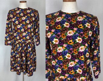 vintage 1970s dress // size medium - large // 70s drop waist corduroy multicolor floral print boho dress